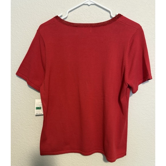 Sag Harbor Petite Large Red Knit Top Beaded Square Neck Short Sleeve Blouse - Picture 3 of 5